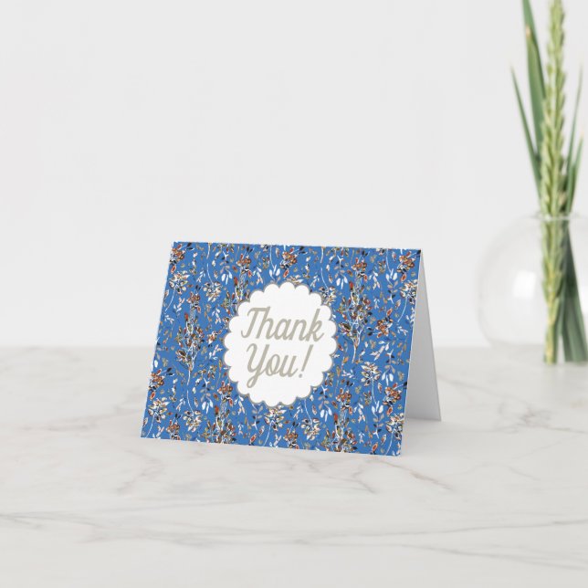 Leaves Berries Watercolor Blue Elegant Thank You Card (Front)