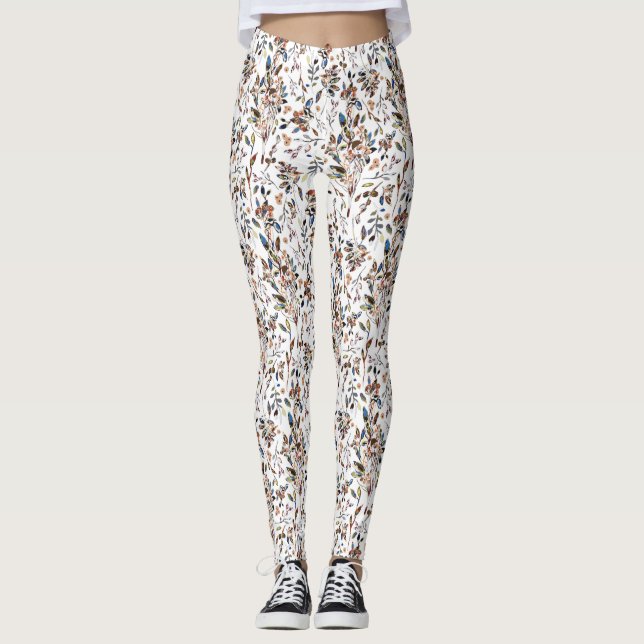 Leaves Berries White Elegant Watercolor Floral Leggings (Front)