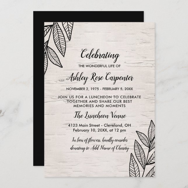 Leaves & Birch - Celebration of Life Memorial Invitation (Front/Back)
