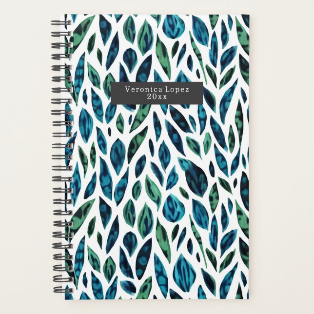 Leaves Blue and Green Botanical Pattern Planner (Front)