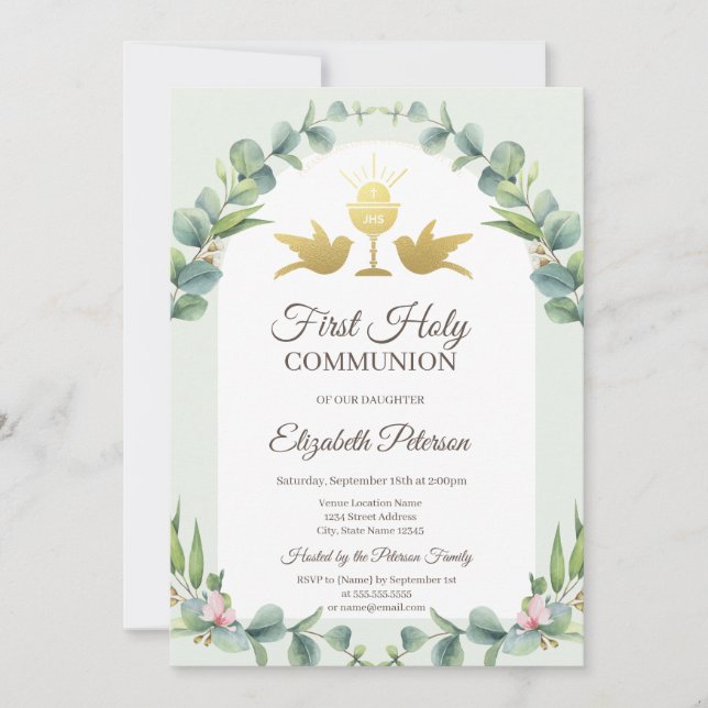 Leaves Chalice First Holy Communion   Invitation (Front)