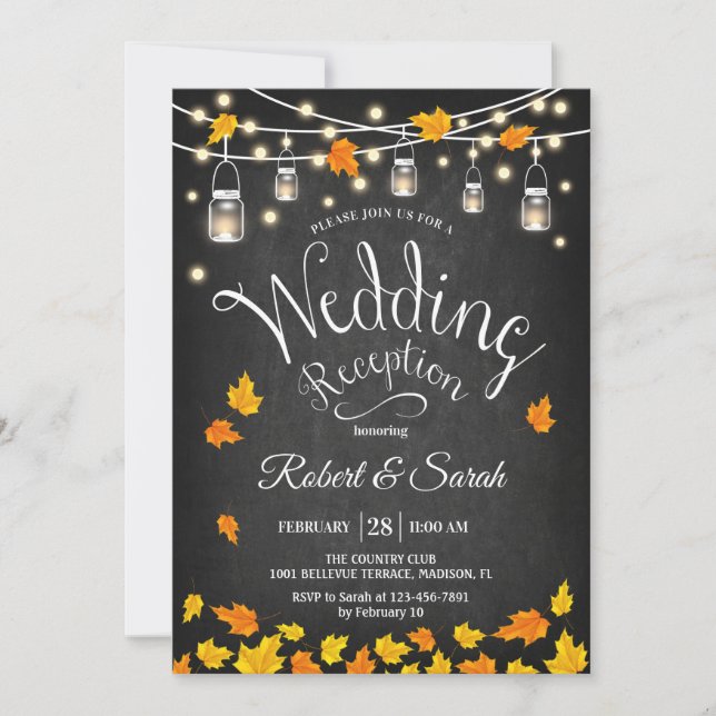 Leaves Chalkboard Fall Rustic Wedding Reception Invitation (Front)