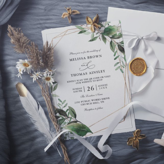 Leaves Eucalyptus Gold Budget QR Code Wedding Invitation (Creator Uploaded)