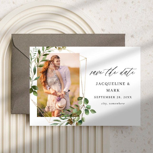 Leaves & Eucalyptus Gold V Photo Save the Date (Creator Uploaded)