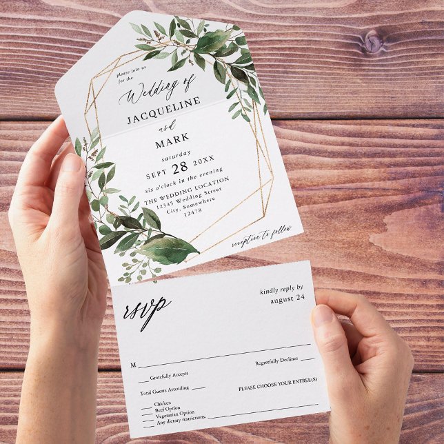 Leaves & Eucalyptus Gold Wedding All In One Invitation (Creator Uploaded)