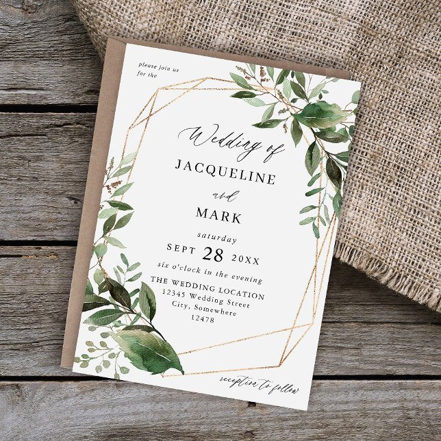 Leaves & Eucalyptus Gold Wedding Invitation (Creator Uploaded)