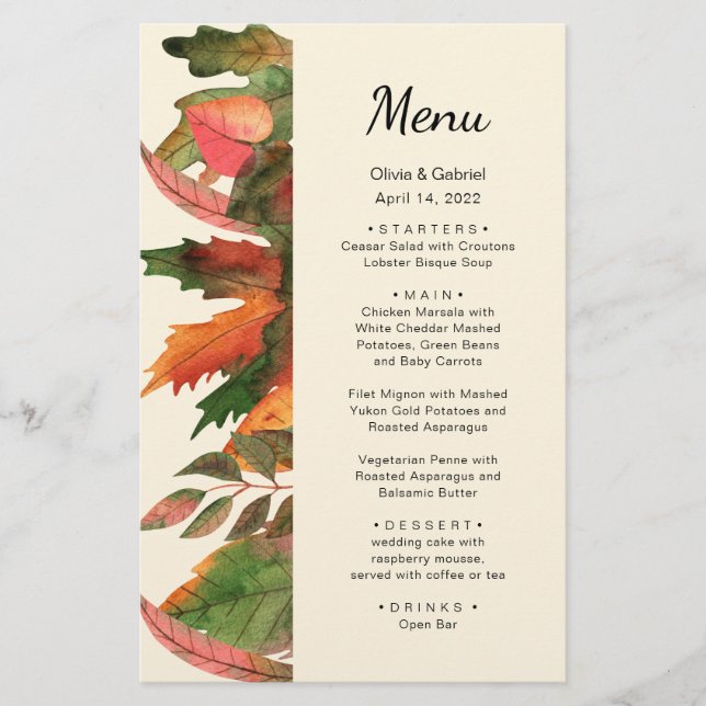 Leaves fall. Autumn elegant wedding menu (Front)