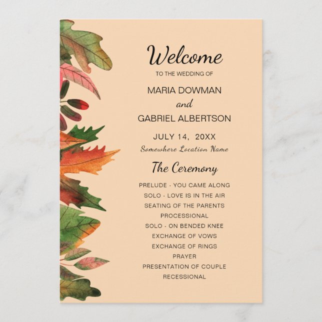 Leaves fall. Autumn formal Botanical Wedding Programme (Front)