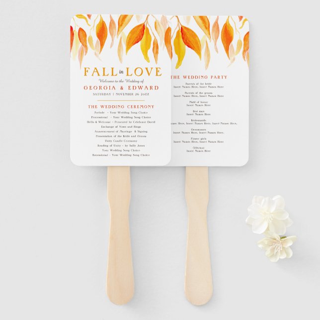 Leaves falling watercolor wedding program hand fan (Front and Back)