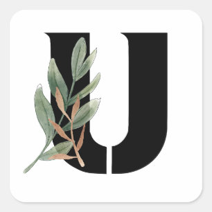 Leaves Faux Gold Foil Letter U Monogram Sticker
