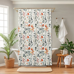 Leaves Flowers Buds  Berries Pattern Shower Curtain