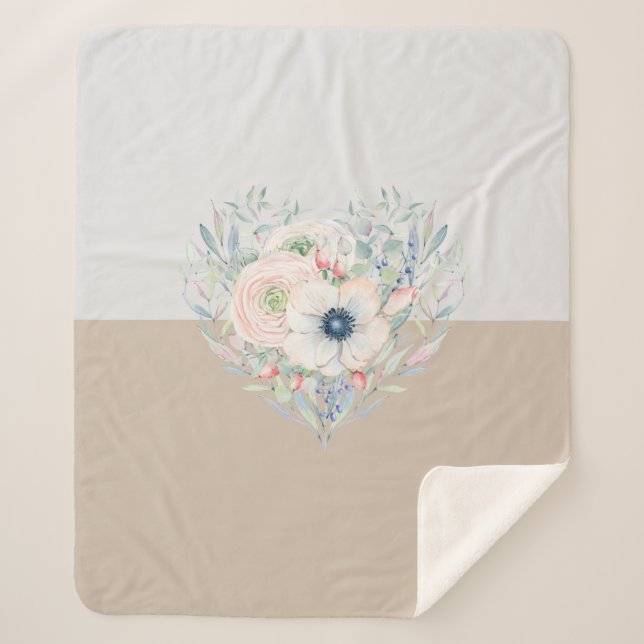 Leaves & Flowers Watercolor Heart Sherpa Blanket (Front)