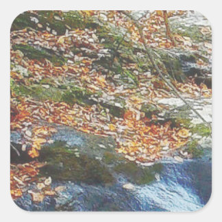 leaves, grass and stream square sticker