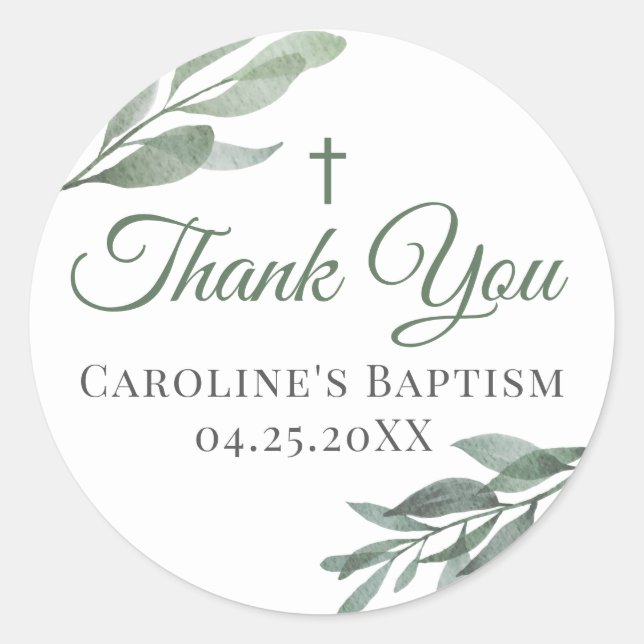 Leaves Greenery Baptism Classic Round Sticker (Front)