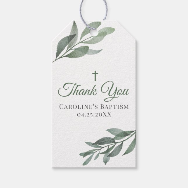 Leaves Greenery Baptism Gift Tags (Front)