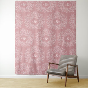 Leaves hand drawn monogram pink wedding backdrop tapestry
