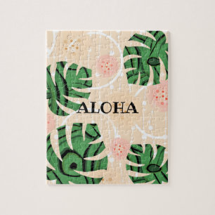 leaves ,monsters , pink, green, tropical, palm jigsaw puzzle