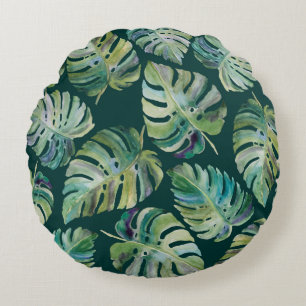 Leaves of exotic tropical plant monstera. Seamless Round Cushion