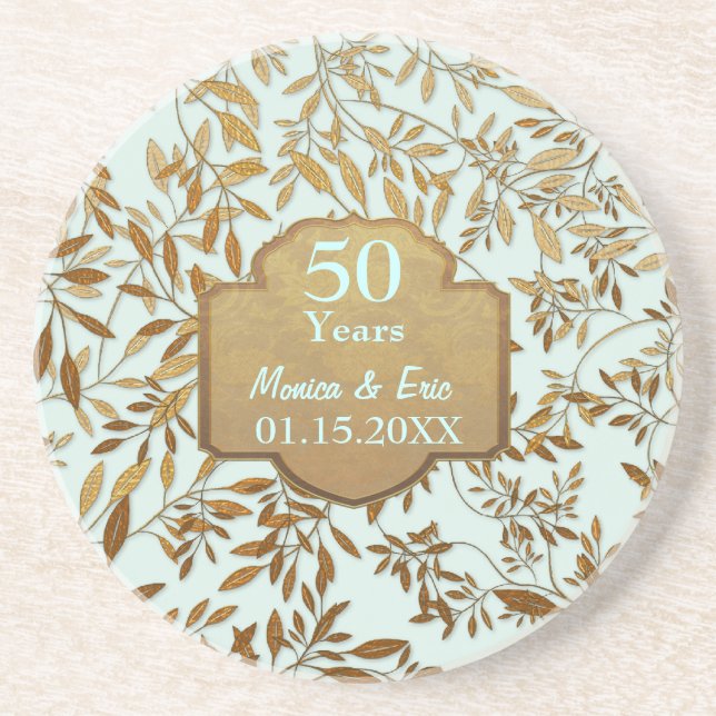 Leaves of Gold 50th Wedding Anniversary Coaster (Front)