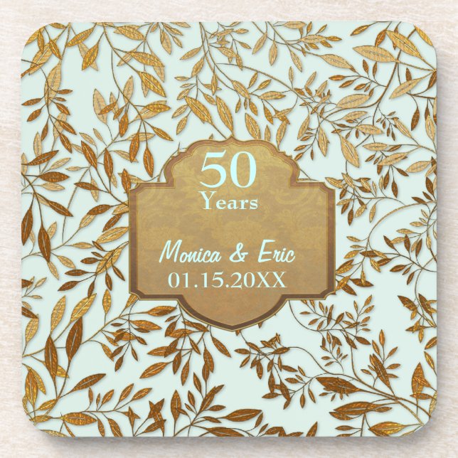 Leaves of Gold 50th Wedding Anniversary Coaster (Front)