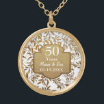 Leaves of Gold 50th Wedding Anniversary Gold Plated Necklace<br><div class="desc">Lovely 50th Golden Wedding Anniversary design on pastel mint aqua background with an overlay of elegant gold leaves. Matching gold banner and custom text areas ready for you to personalise. You can change the background to white or another colour by clicking the customise link. This design is available on other...</div>