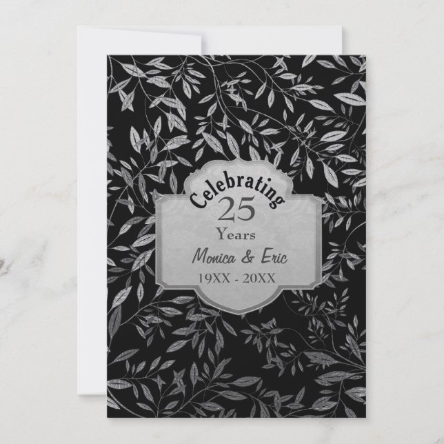 Leaves of Silver 25th Wedding Anniversary Black Invitation (Front)