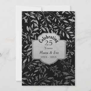 Leaves of Silver 25th Wedding Anniversary Black Invitation