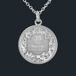Leaves of Silver 25th Wedding Anniversary Sterling Silver Necklace<br><div class="desc">Lovely sterling silver 25th Wedding Anniversary necklace with elegant leaves of silver floral border on white background. Silver  grey banner with text says 25 Years.  Lower text area is ready  to be customised by you with names and year information.</div>