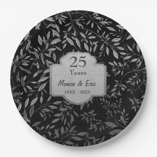 Leaves of Silver on Black 25th Anniversary Paper Plate