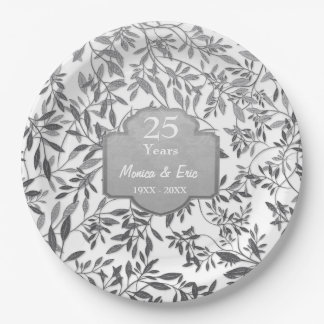 Leaves of Silver on White 25th Anniversary Paper Plate