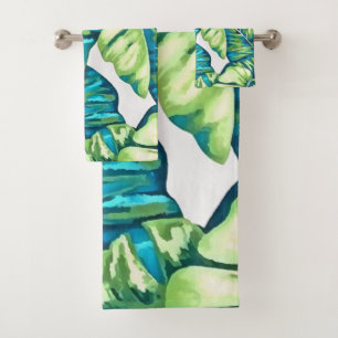 Leaves Of  Tropical Monstera and Banana Blue Green Bath Towel Set