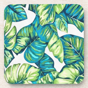 Leaves Of Tropical Monstera and Banana Blue Green Coaster