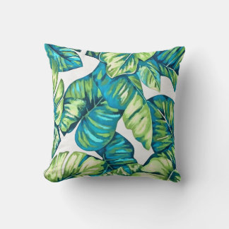 Leaves Of Tropical Monstera and Banana Blue Green Cushion