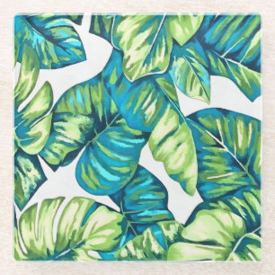Leaves Of  Tropical Monstera and Banana Blue Green Glass Coaster