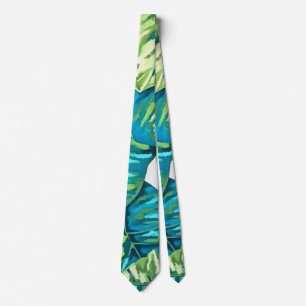 Leaves Of  Tropical Monstera and Banana Blue Green Tie