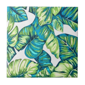 Leaves Of Tropical Monstera and Banana Blue Green Tile