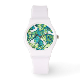 Leaves Of Tropical Monstera and Banana Blue Green Watch
