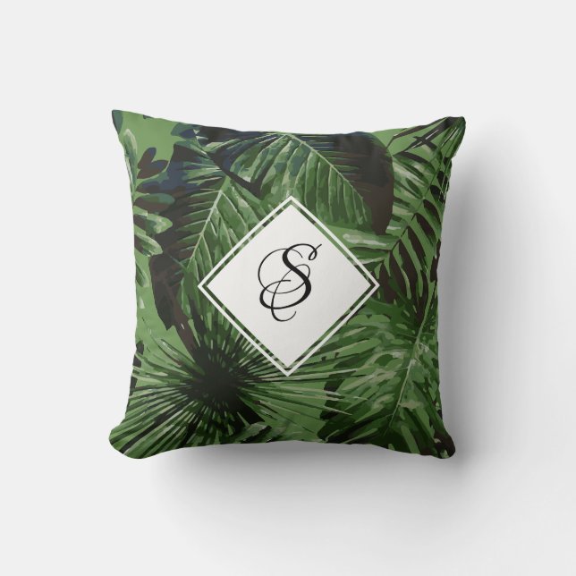 Leaves Of Tropical Palm Trees Monogram Cushion (Front)