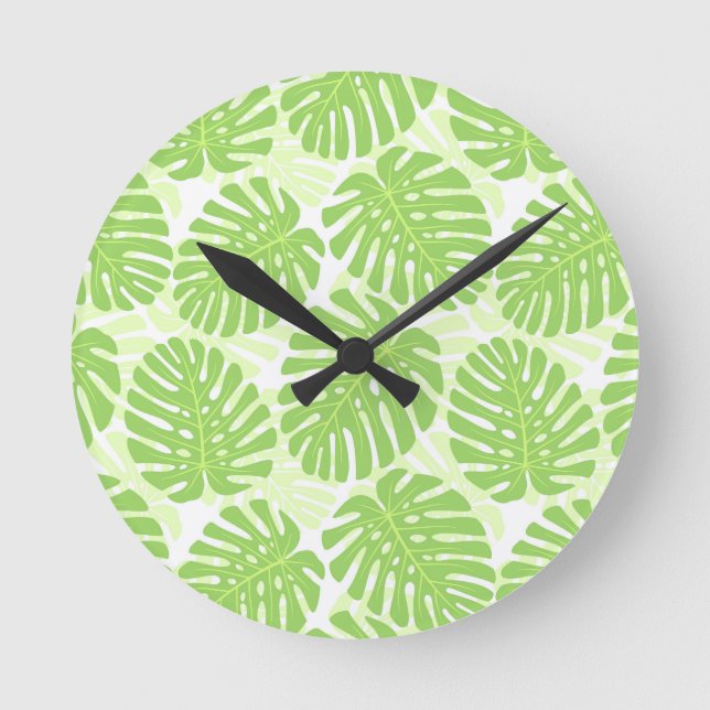 Leaves Of Tropical Plant - Monstera Pattern Round Clock (Front)