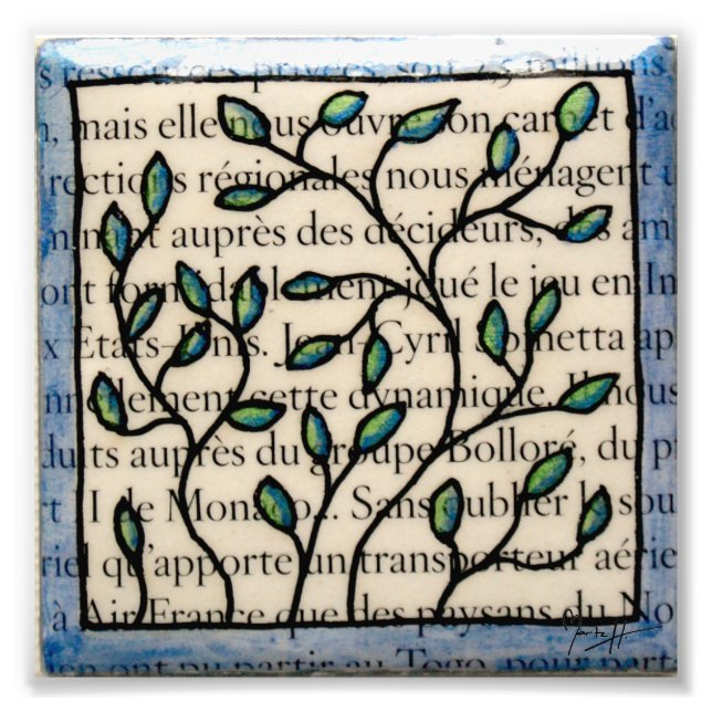 Leaves on French Text Tile Photo Print (Front)