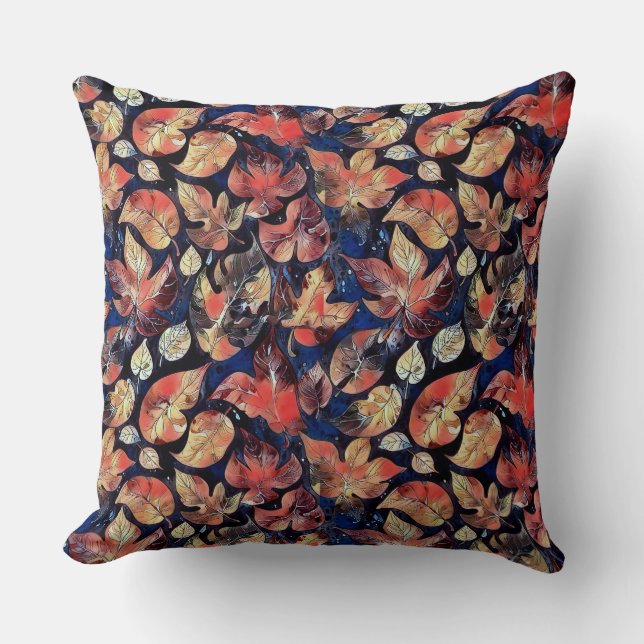 Leaves on Midnight – Abstract Botanical Pattern Cushion (Front)
