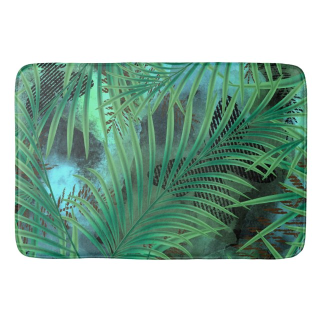 Leaves, palm ,trees, green, blue, tropical bath mat (Front)
