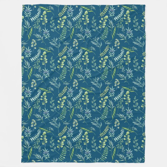 Leaves Pattern 11.bw DBlue BG Fleece Blanket (Front)