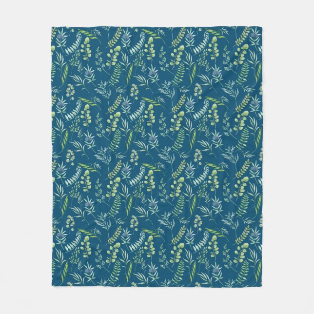 Leaves Pattern 11.bw DBlue BG Fleece Blanket (Front)