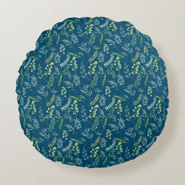 Leaves Pattern 11.bw DBlue BG Round Cushion (Front)