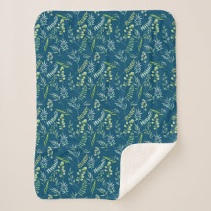 Leaves Pattern 11.bw DBlue BG Sherpa Blanket