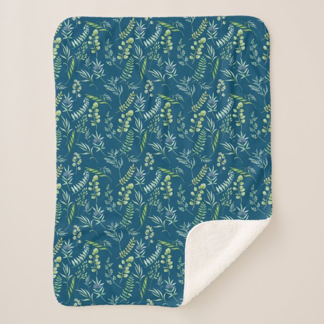Leaves Pattern 11.bw DBlue BG Sherpa Blanket (Front)