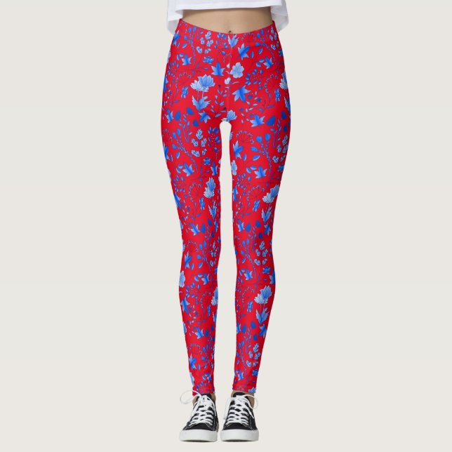 Leaves Pattern 12.bw Red BG Leggings (Front)