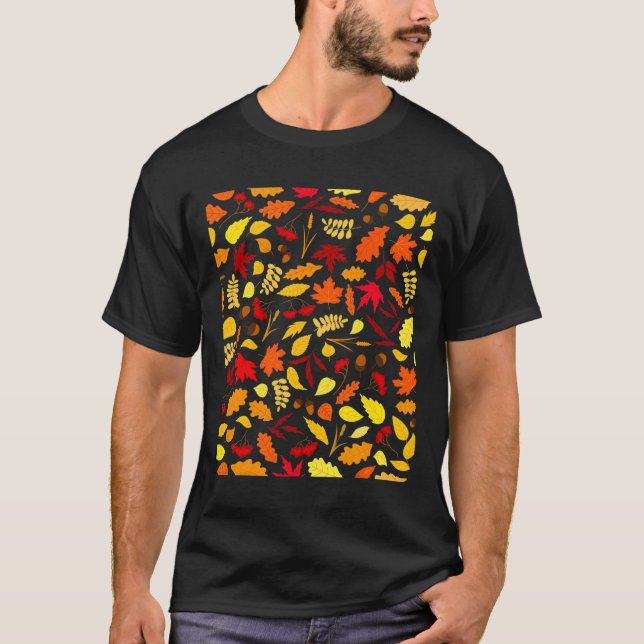 Leaves Pattern Fall Design Acorns Wheat  T-Shirt (Front)