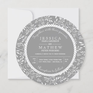 Leaves pattern grey kraft paper rustic wedding invitation
